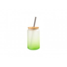 13oz/400ml Glass Mugs Gradient Green with Bamboo Lid & SS Straw(10/pack)